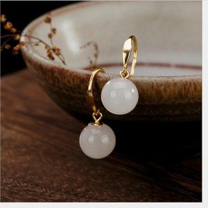 White jade ball earrings, 925 gold plated